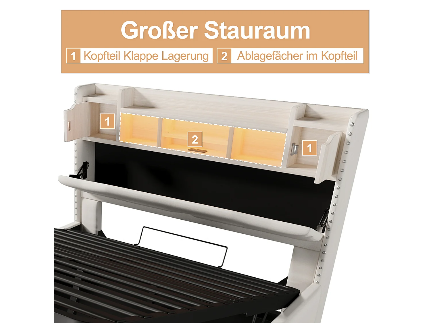 Gepolstertes Bett mit Stauraum – 160 x 200 cm – mit USB-C + LEDs – Kopfteil mit Stauraum – Leinen + MDF – Beige