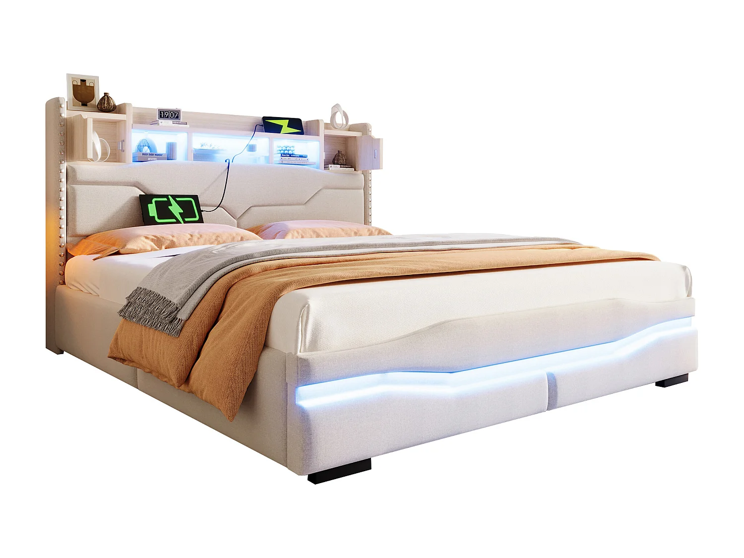 Gepolstertes Bett mit Stauraum – 160 x 200 cm – mit USB-C + LEDs – Kopfteil mit Stauraum – Leinen + MDF – Beige