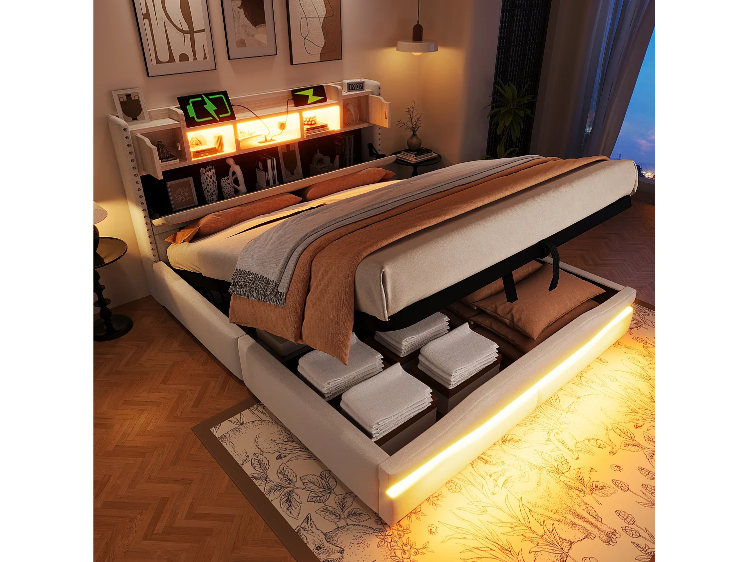 Letto contenitore imbottito - 160 x 200 cm - con USB-C + LED - testiera con contenitore - lino + MDF - beige