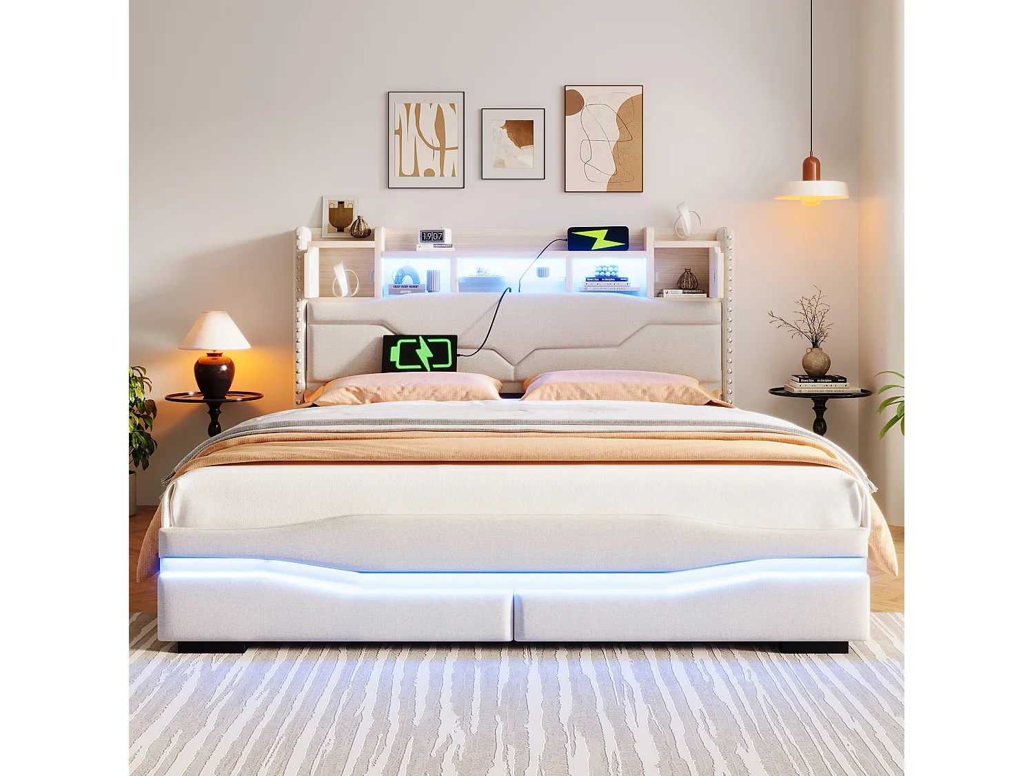 Letto contenitore imbottito - 160 x 200 cm - con USB-C + LED - testiera con contenitore - lino + MDF - beige