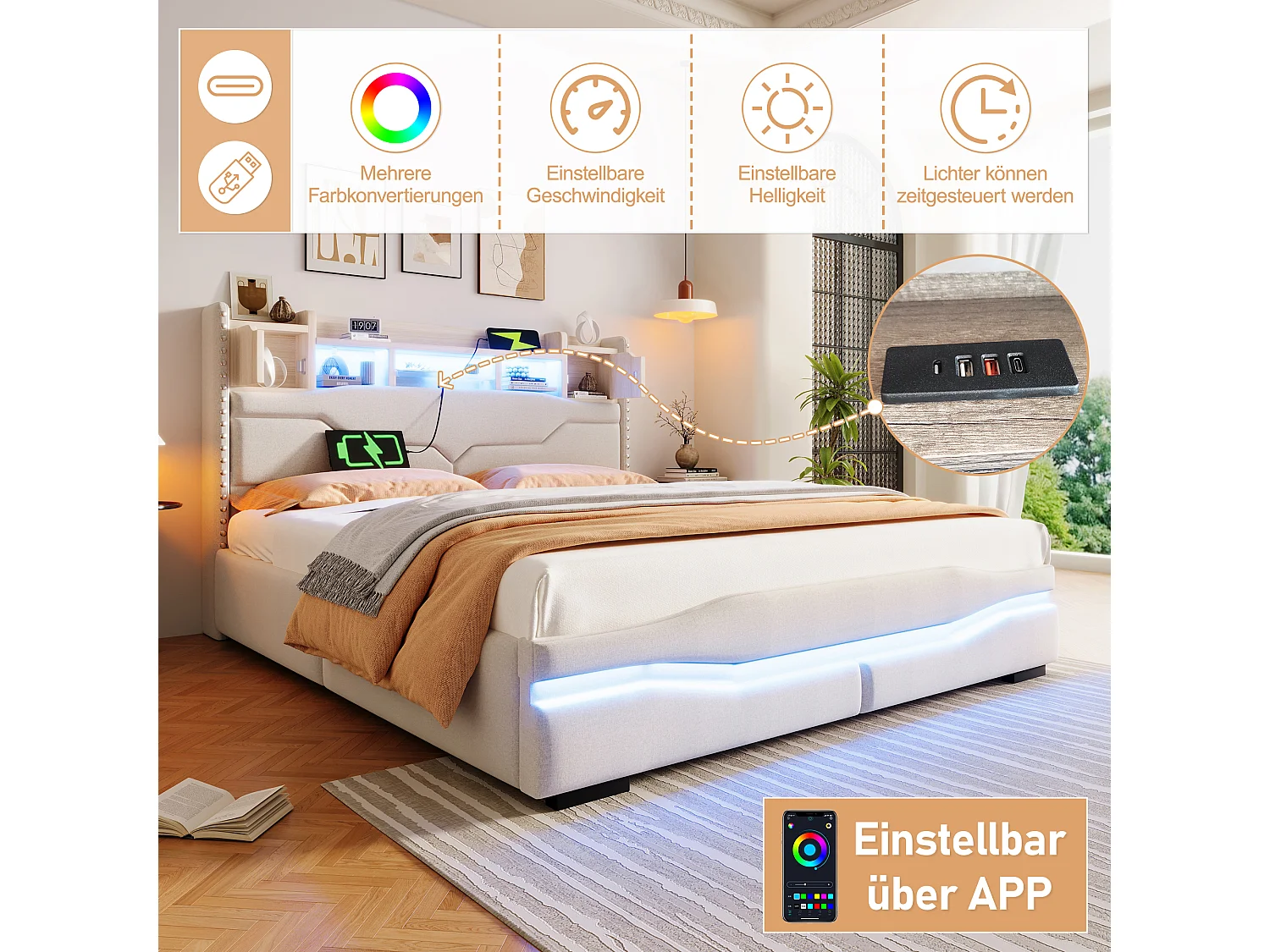 Letto contenitore imbottito - 160 x 200 cm - con USB-C + LED - testiera con contenitore - lino + MDF - beige