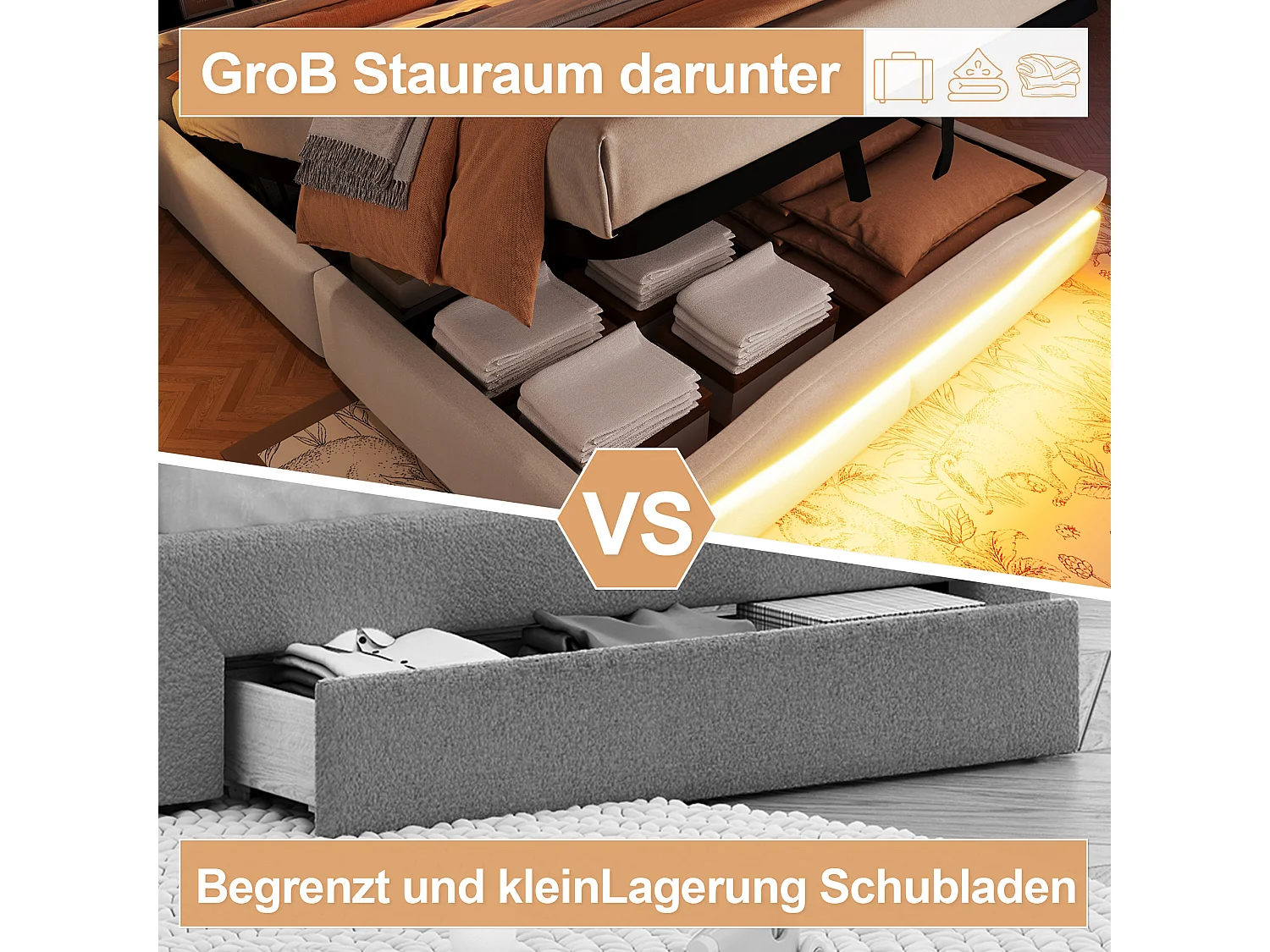 Gestoffeerd opbergbed - 160 x 200 cm - met USB-C + LED-verlichting - hoofdbord met opbergruimte - linnen + MDF - beige