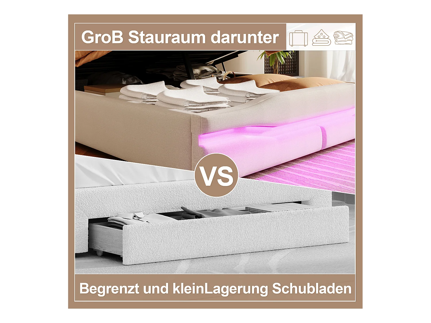 Lit coffre rembourré - 140 x 200cm - avec USB-C + Leds - tête de lit avec rangements - lin + MDF - beige