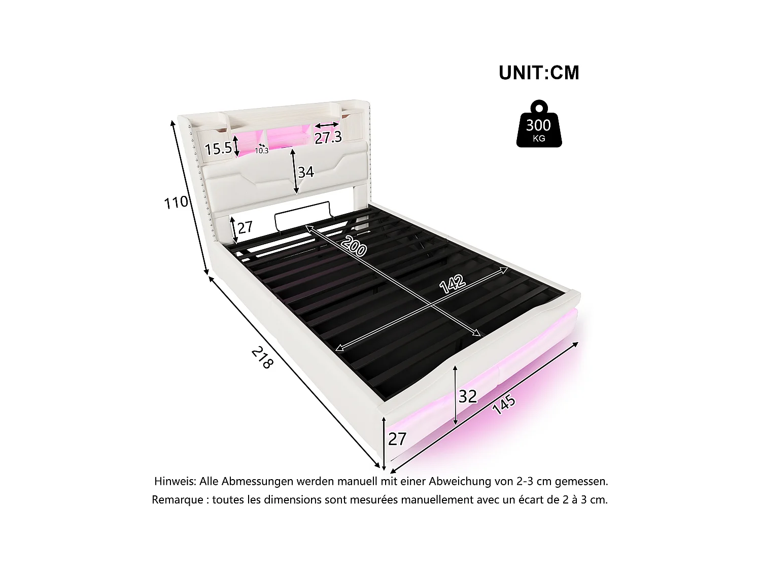 Lit coffre rembourré - 140 x 200cm - avec USB-C + Leds - tête de lit avec rangements - lin + MDF - beige