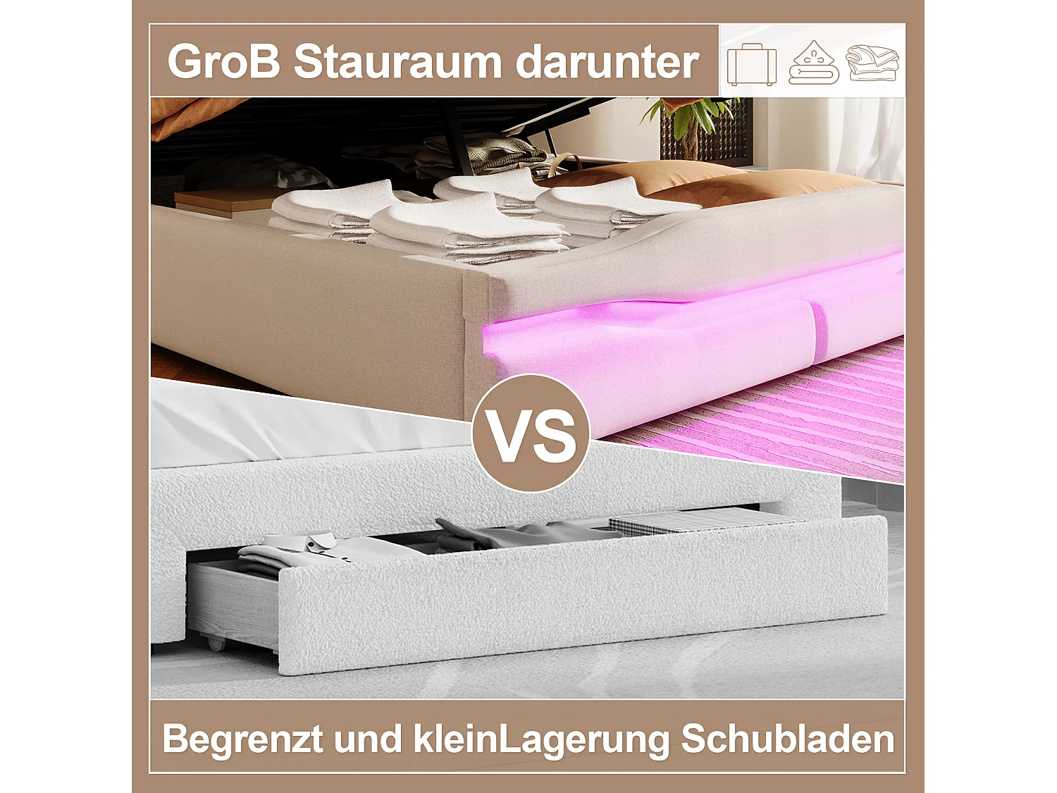 Gestoffeerd opbergbed - 140 x 200 cm - met USB-C + LED's - hoofdeinde met opbergruimte - linnen + MDF - beige