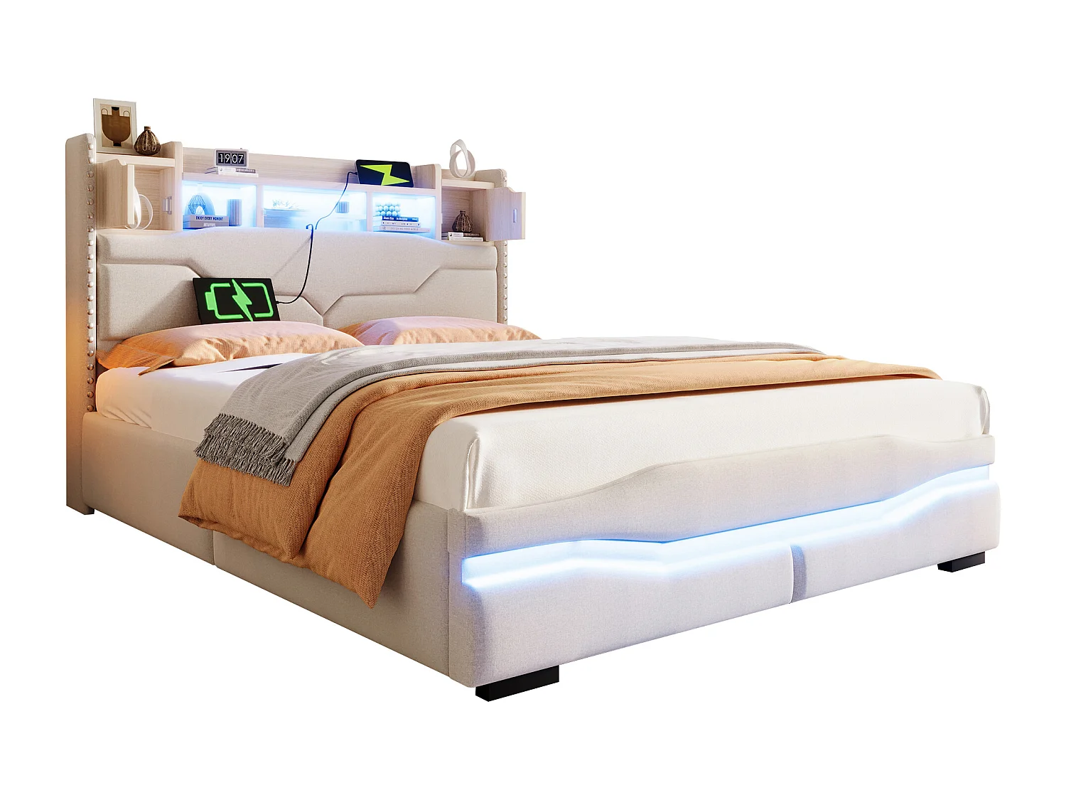 Gestoffeerd opbergbed - 140 x 200 cm - met USB-C + LED's - hoofdeinde met opbergruimte - linnen + MDF - beige