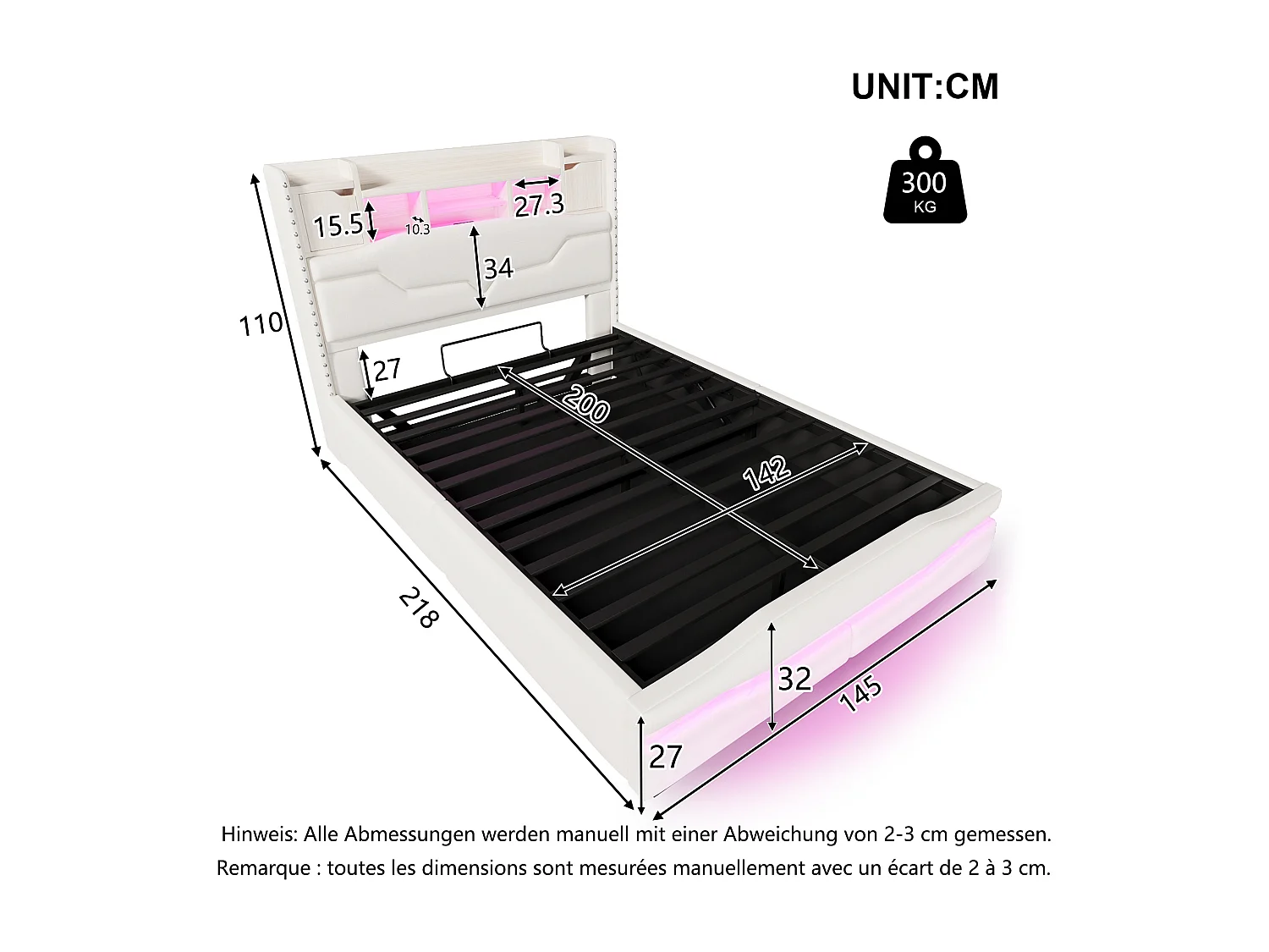 Lit coffre rembourré - 140 x 200cm - avec USB-C + Leds - tête de lit avec rangements - lin + MDF - beige