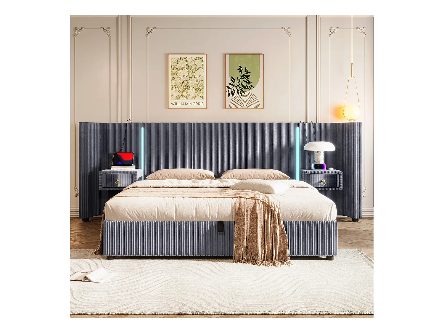 Lit coffre rembourré - 180 x 200 cm - avec Leds + USB + TYPE-C + 2 tirois - rangement hydraulique - velours - gris