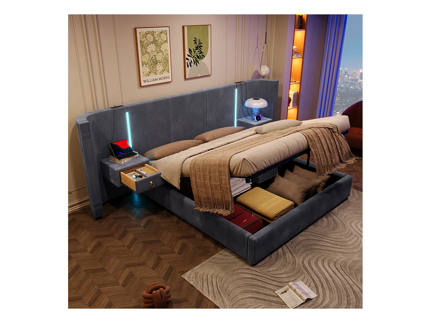 Lit coffre rembourré - 180 x 200 cm - avec Leds + USB + TYPE-C + 2 tirois - rangement hydraulique - velours - gris