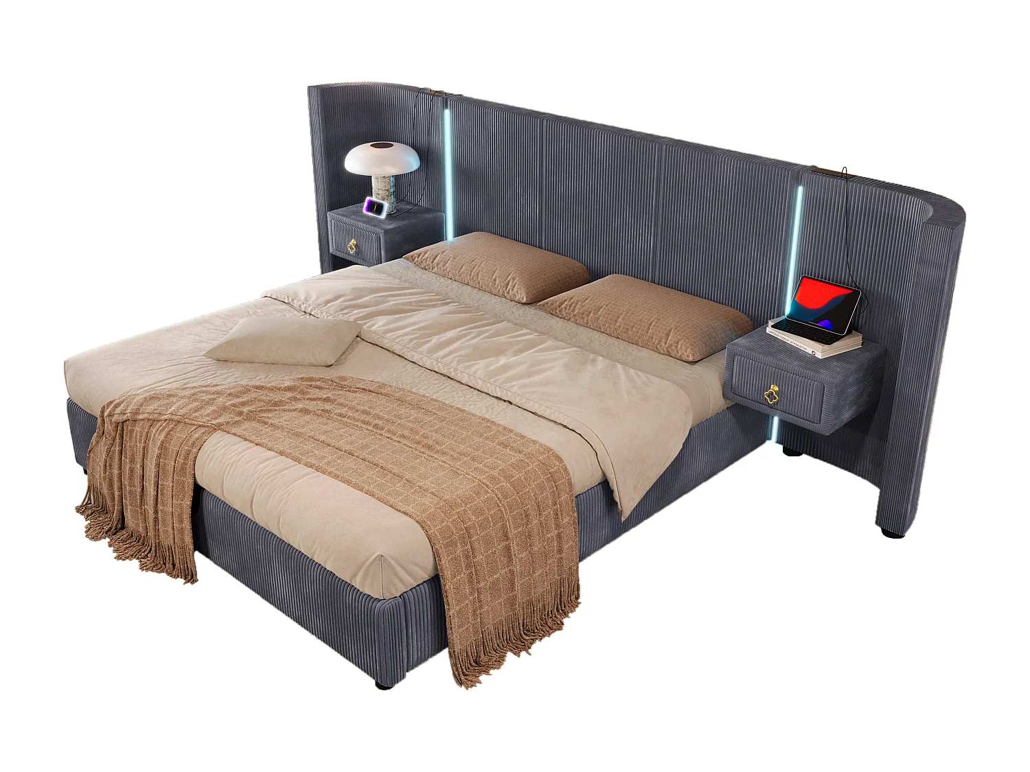 Lit coffre rembourré - 180 x 200 cm - avec Leds + USB + TYPE-C + 2 tirois - rangement hydraulique - velours - gris