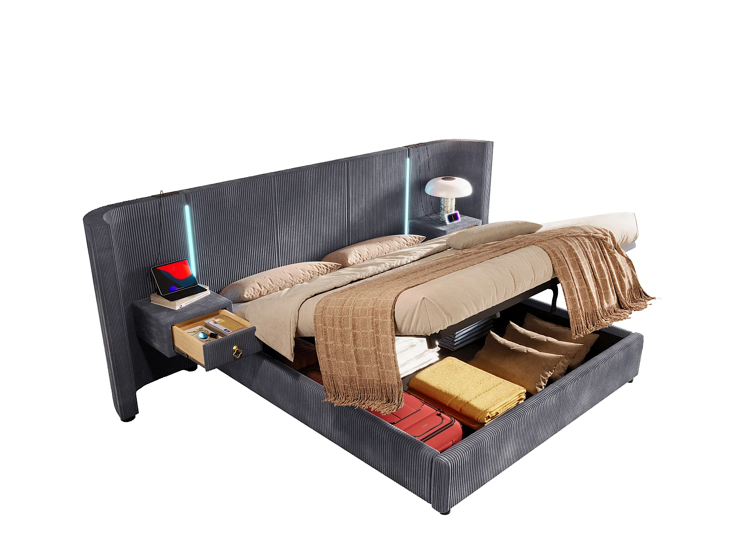 Lit coffre rembourré - 180 x 200 cm - avec Leds + USB + TYPE-C + 2 tirois - rangement hydraulique - velours - gris
