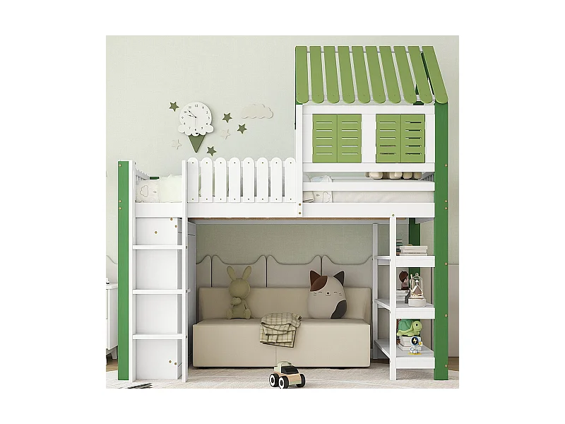 Hochbett für Kinder 90 x 200 cm, mit Sicherheitsbarrieren, Dach, Fenster, Treppe, weiß + grün