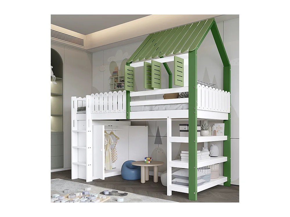 Lit mezzanine pour enfant 90x200, avec barrières de sécurité, toit, fenêtre, escalier, blanc + vert