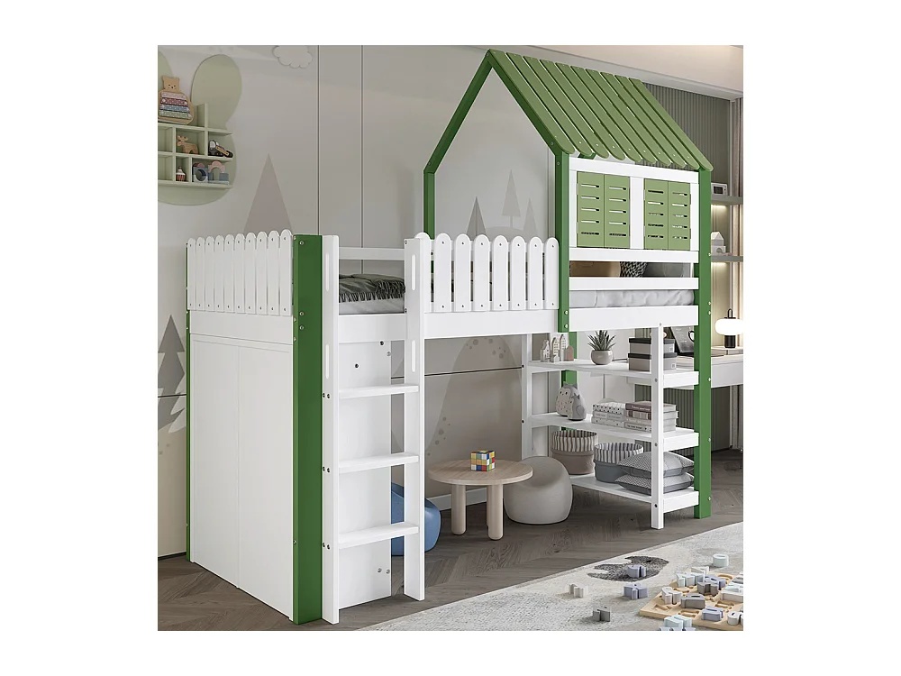 Lit mezzanine pour enfant 90x200, avec barrières de sécurité, toit, fenêtre, escalier, blanc + vert