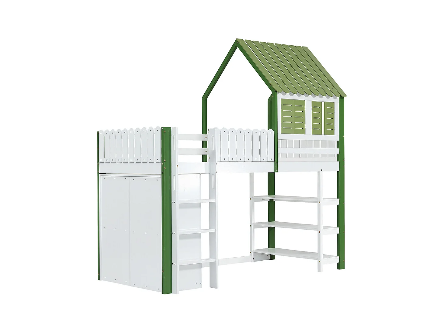 Lit mezzanine pour enfant 90x200, avec barrières de sécurité, toit, fenêtre, escalier, blanc + vert
