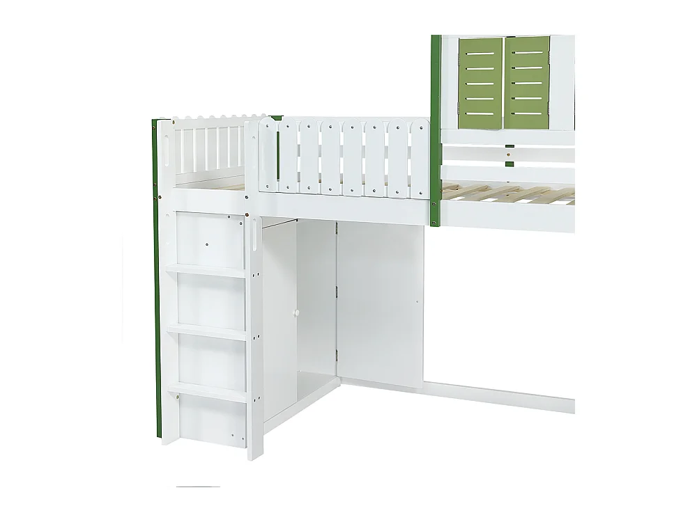 Lit mezzanine pour enfant 90x200, avec barrières de sécurité, toit, fenêtre, escalier, blanc + vert