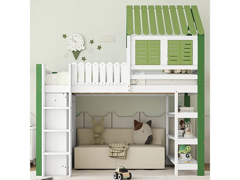 Letto a soppalco per bambini 90x200, con sponde di sicurezza, tetto, finestra, scala, bianco + verde