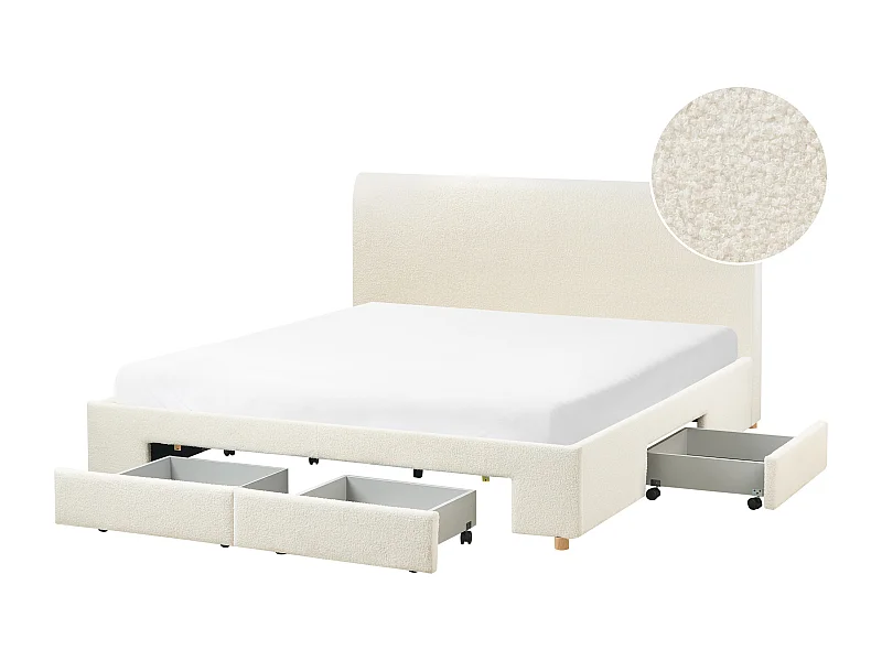 Lit avec tiroirs de rangement Bouclé SOUTRIN 180 x 200 cm Blanc cassé
