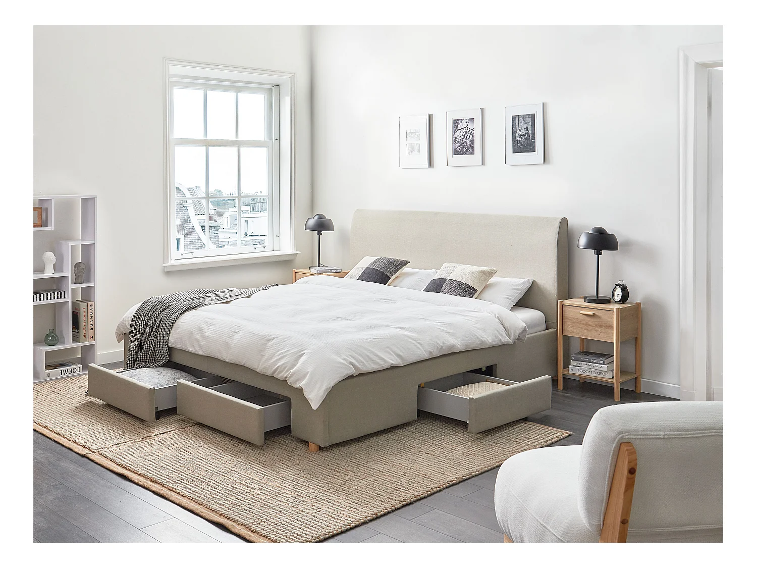 Lit avec tiroirs de rangement Tissu SOUTRIN 180 x 200 cm Beige