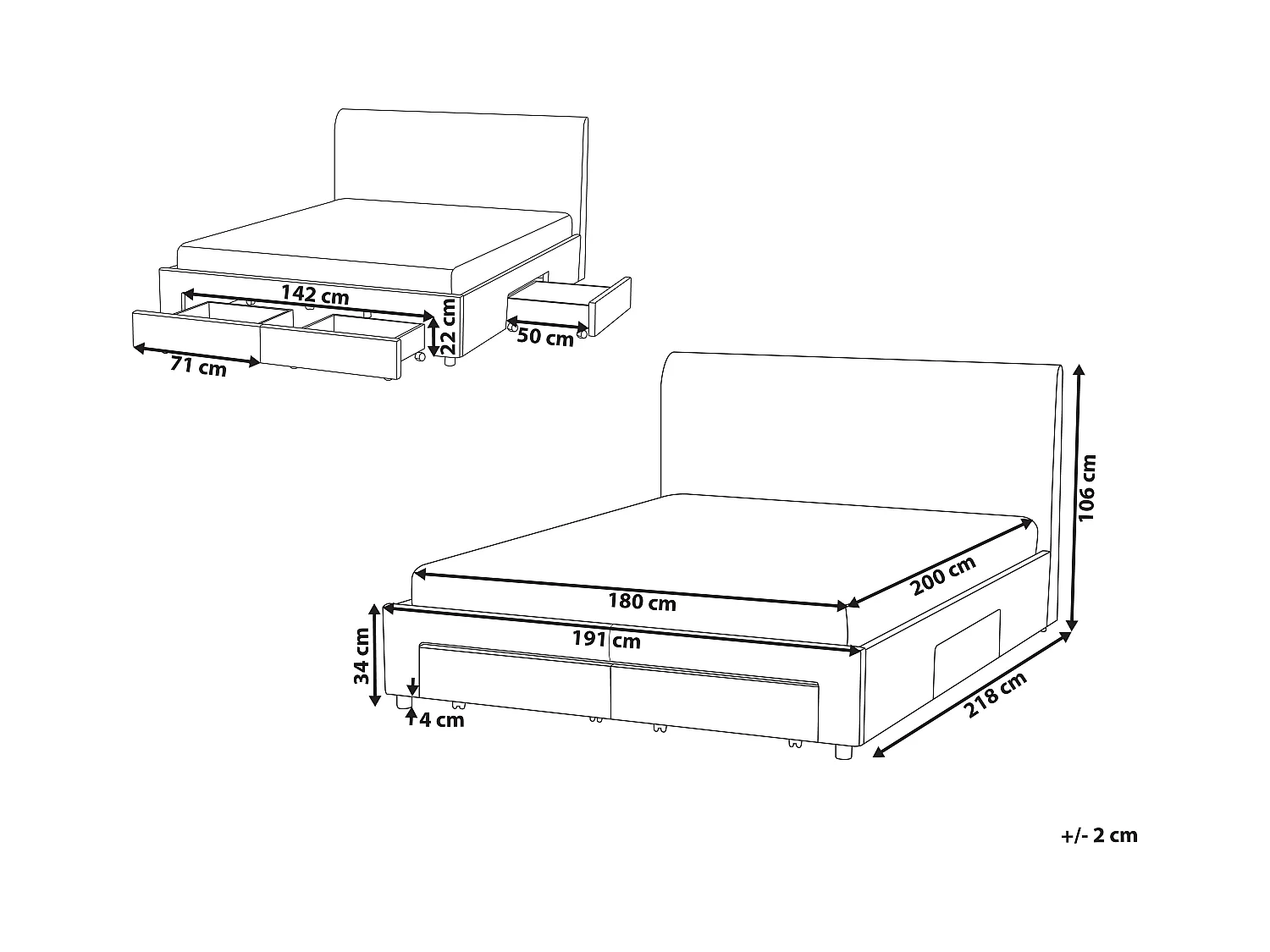 Lit avec tiroirs de rangement Tissu SOUTRIN 180 x 200 cm Beige