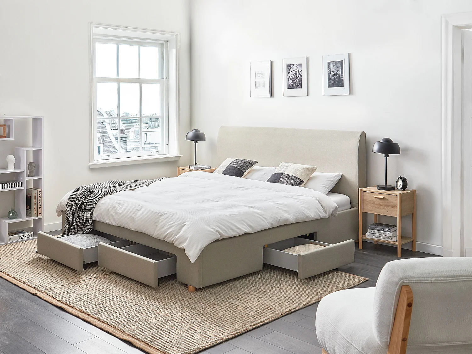 Lit avec tiroirs de rangement SOUTRIN Tissu Beige 180 x 200 cm