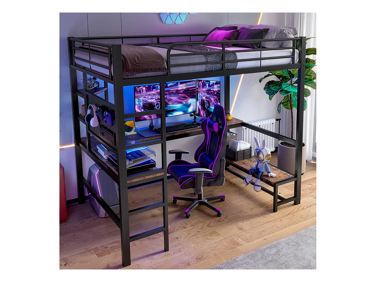 Lit mezzanine pour enfant - 90 x 200 cm - structure en fer - avec bureau + Leds + USB+Type-C - métal + MDF - noir