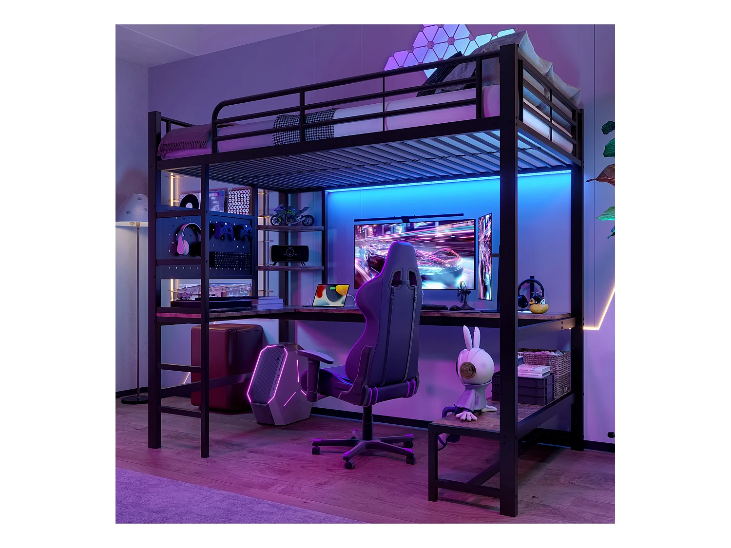 Kinderhoogslaper - 90 x 200 cm - ijzeren frame - met bureau + LED's + USB + Type-C - metaal + MDF - zwart