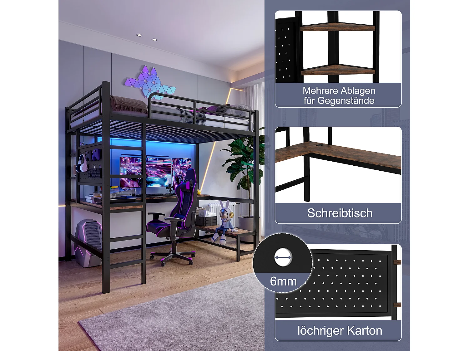 Kinderhochbett - 90 x 200 cm - Eisenrahmen - mit Schreibtisch + LEDs + USB + Type-C - Metall + MDF - schwarz