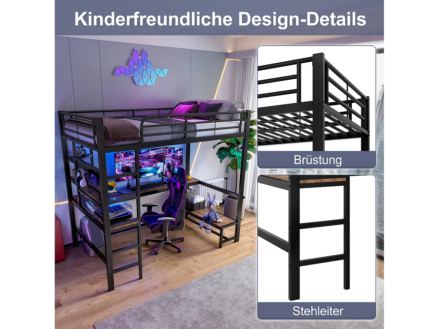 Kinderhochbett - 90 x 200 cm - Eisenrahmen - mit Schreibtisch + LEDs + USB + Type-C - Metall + MDF - schwarz