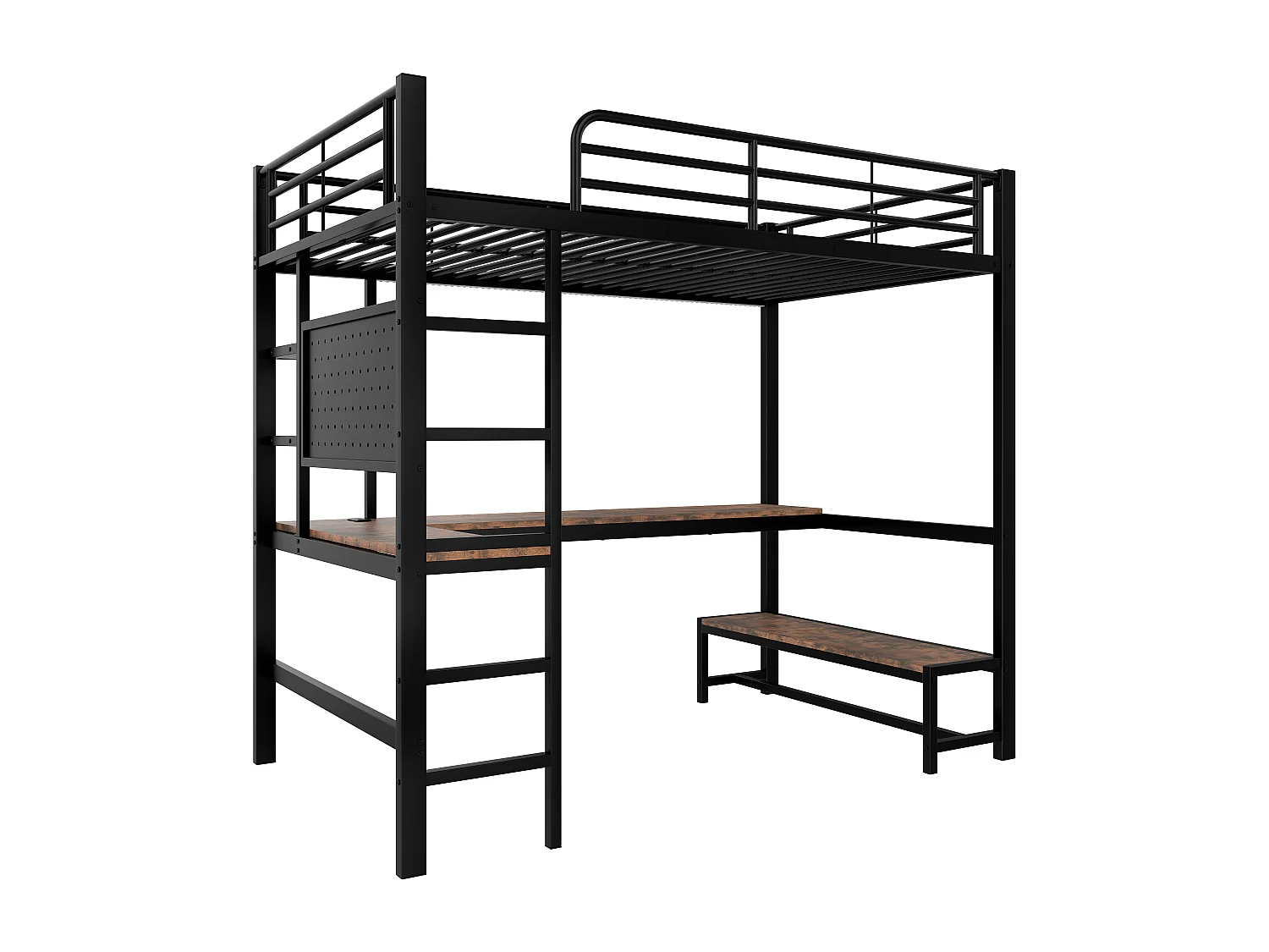 Kinderhochbett - 90 x 200 cm - Eisenrahmen - mit Schreibtisch + LEDs + USB + Type-C - Metall + MDF - schwarz