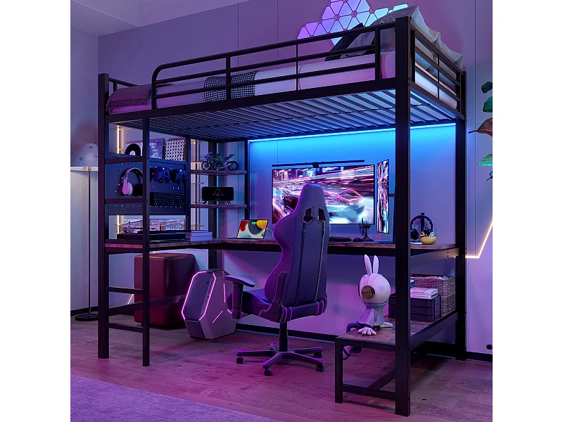 Cama alta infantil - 90 x 200 cm - estructura de hierro - con escritorio + LED + USB + Tipo C - metal + MDF - negro
