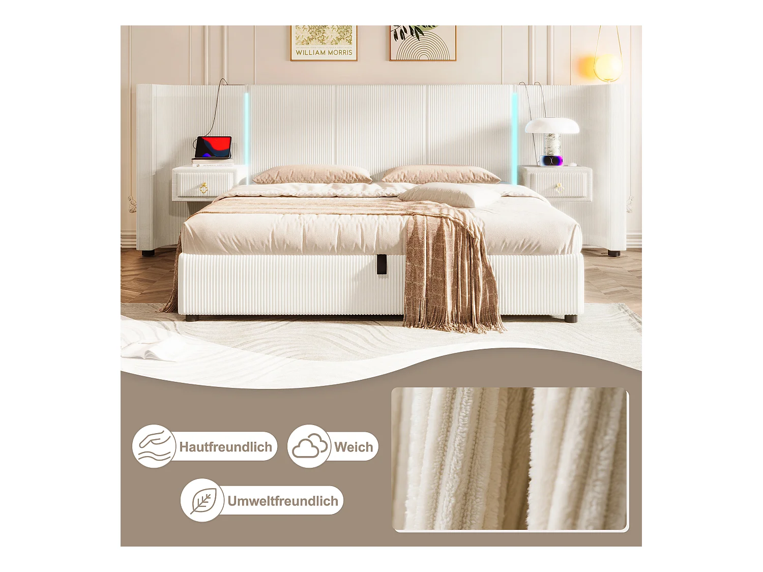 Lit coffre rembourré - 180 x 200 cm - avec Leds + USB + TYPE-C + 2 tirois - rangement hydraulique - velours - beige