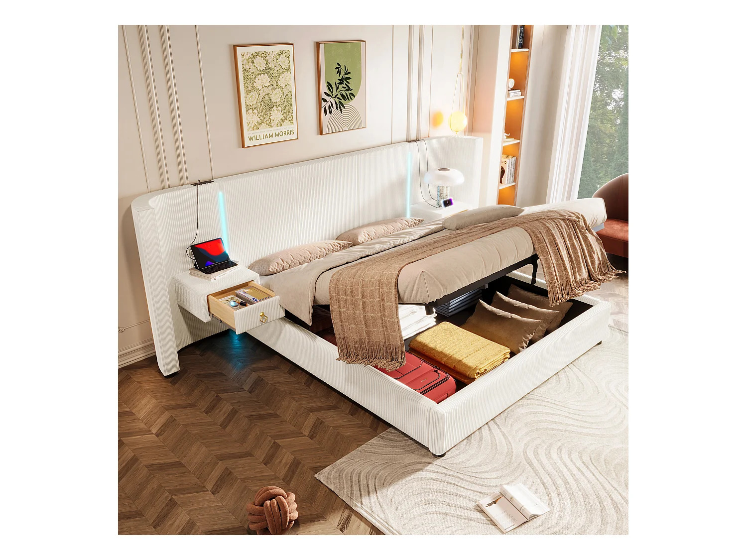 Lit coffre rembourré - 180 x 200 cm - avec Leds + USB + TYPE-C + 2 tirois - rangement hydraulique - velours - beige