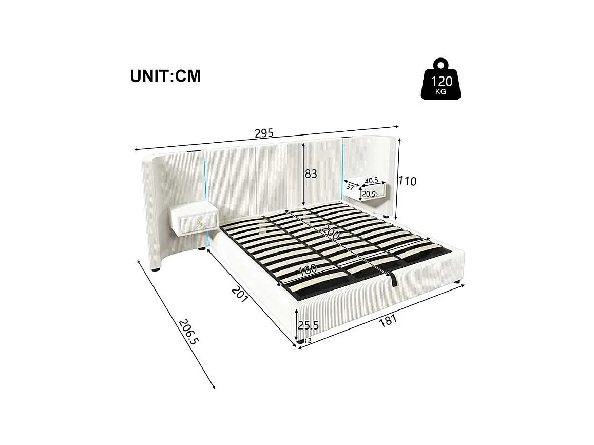 Lit coffre rembourré - 180 x 200 cm - avec Leds + USB + TYPE-C + 2 tirois - rangement hydraulique - velours - beige