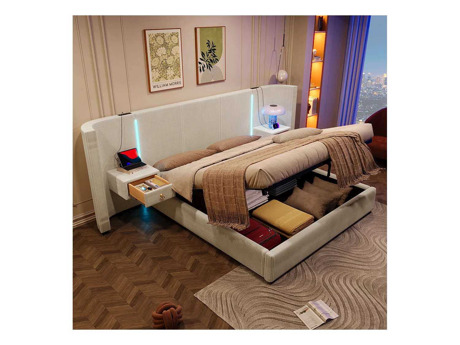 Lit coffre rembourré - 180 x 200 cm - avec Leds + USB + TYPE-C + 2 tirois - rangement hydraulique - velours - beige
