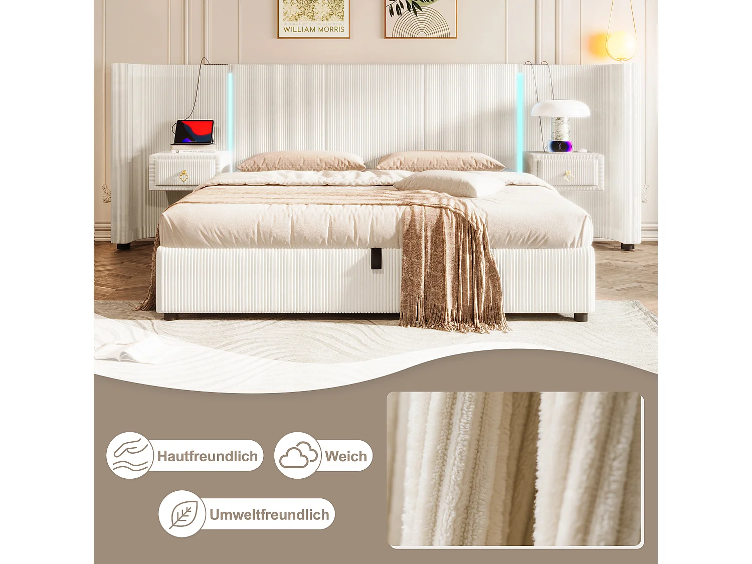 Gepolstertes Stauraumbett - 180 x 200 cm - mit LEDs + USB + TYPE-C + 2 Schubladen - hydraulischer Stauraum - Samt - Beige