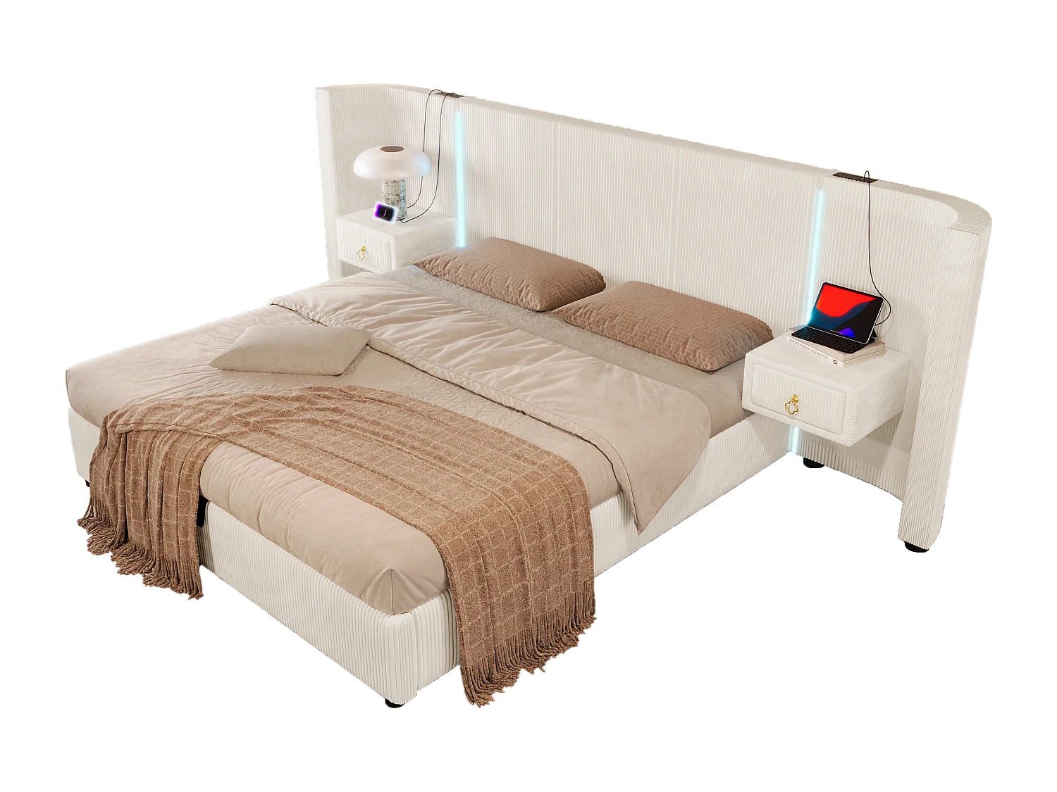 Gepolstertes Stauraumbett - 180 x 200 cm - mit LEDs + USB + TYPE-C + 2 Schubladen - hydraulischer Stauraum - Samt - Beige