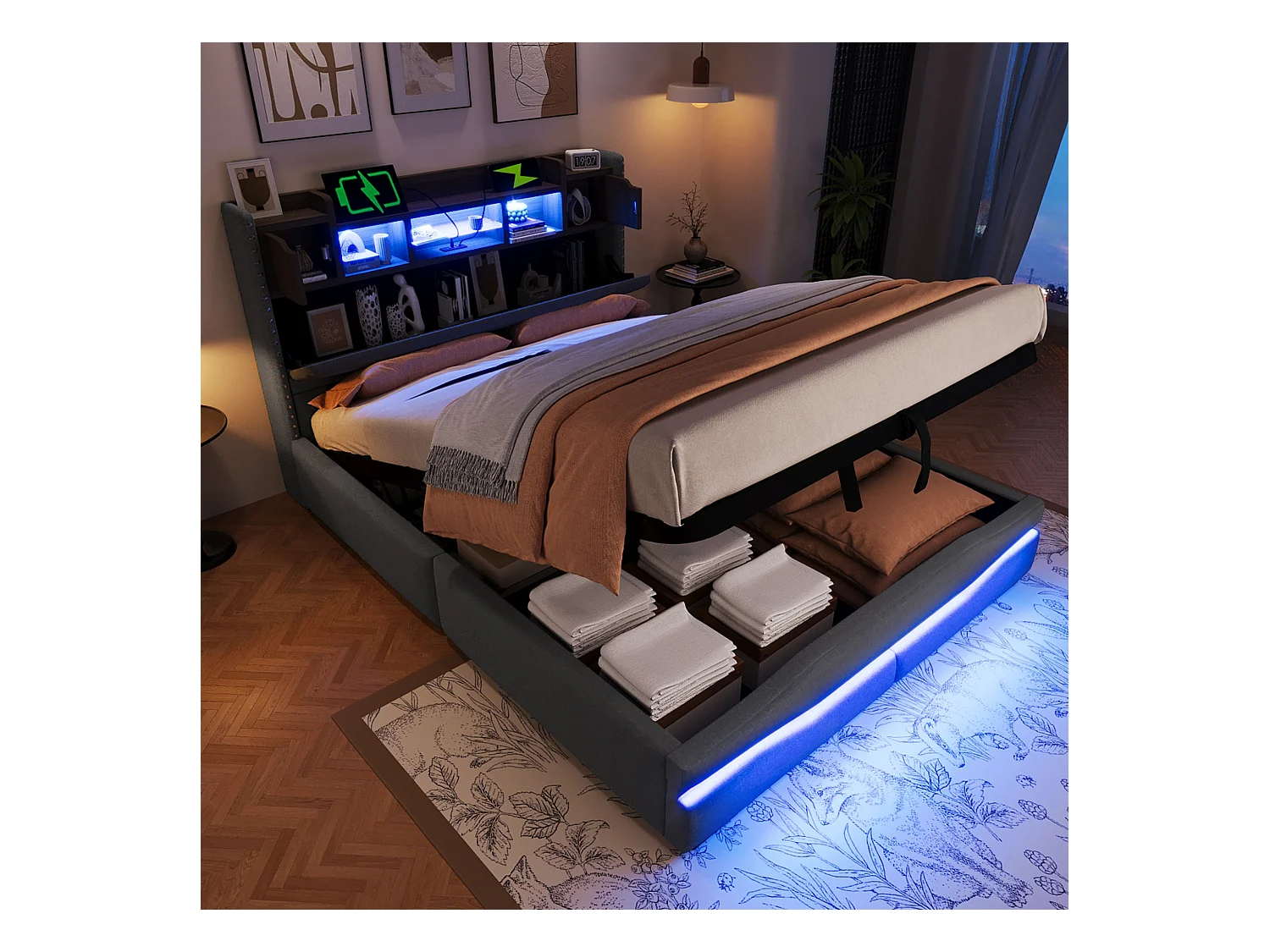 Lit coffre rembourré - 140 x 200cm - avec USB-C + Leds - tête de lit avec rangements - lin + MDF - gris