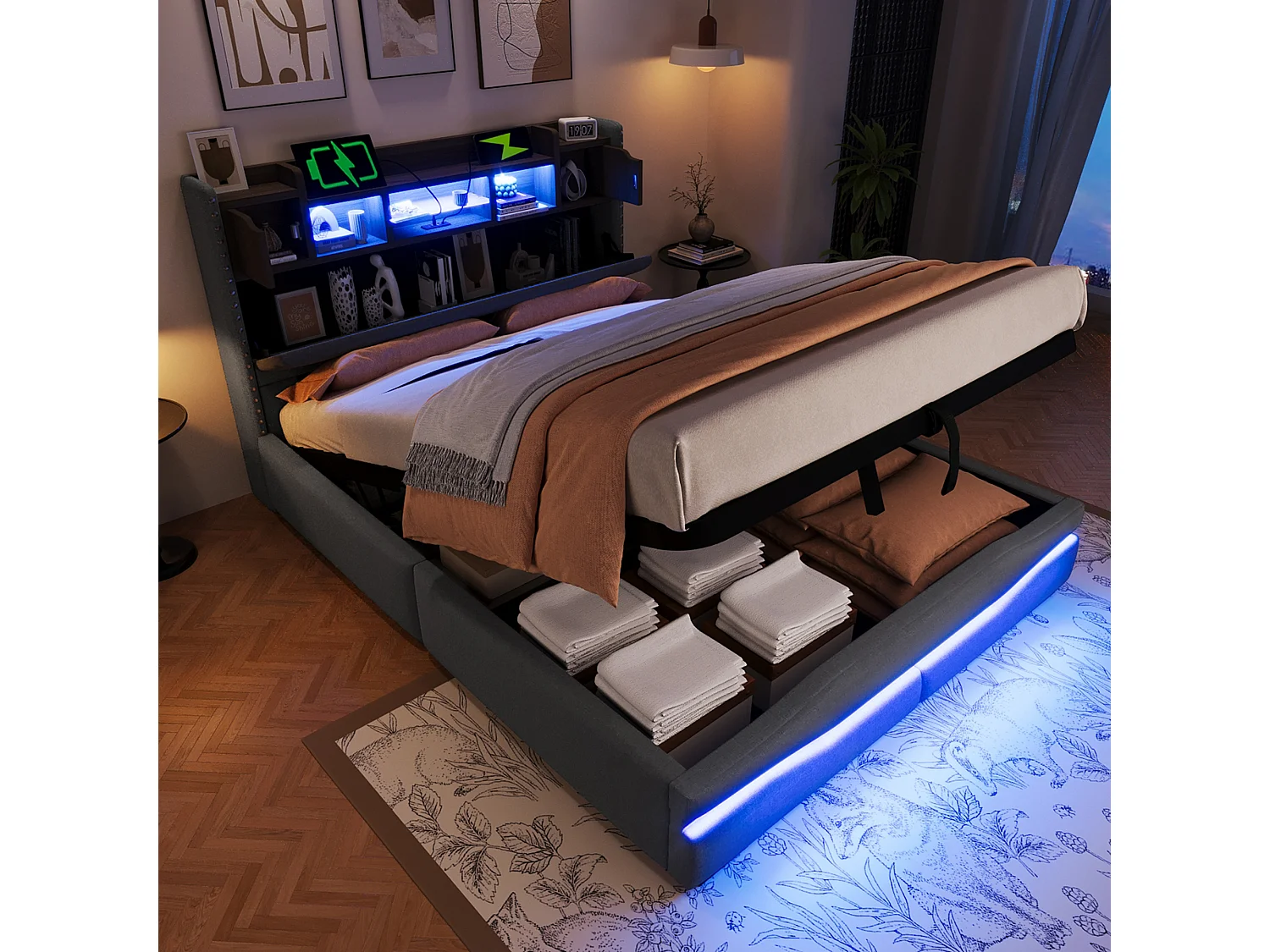 Lit coffre rembourré - 140 x 200cm - avec USB-C + Leds - tête de lit avec rangements - lin + MDF - gris