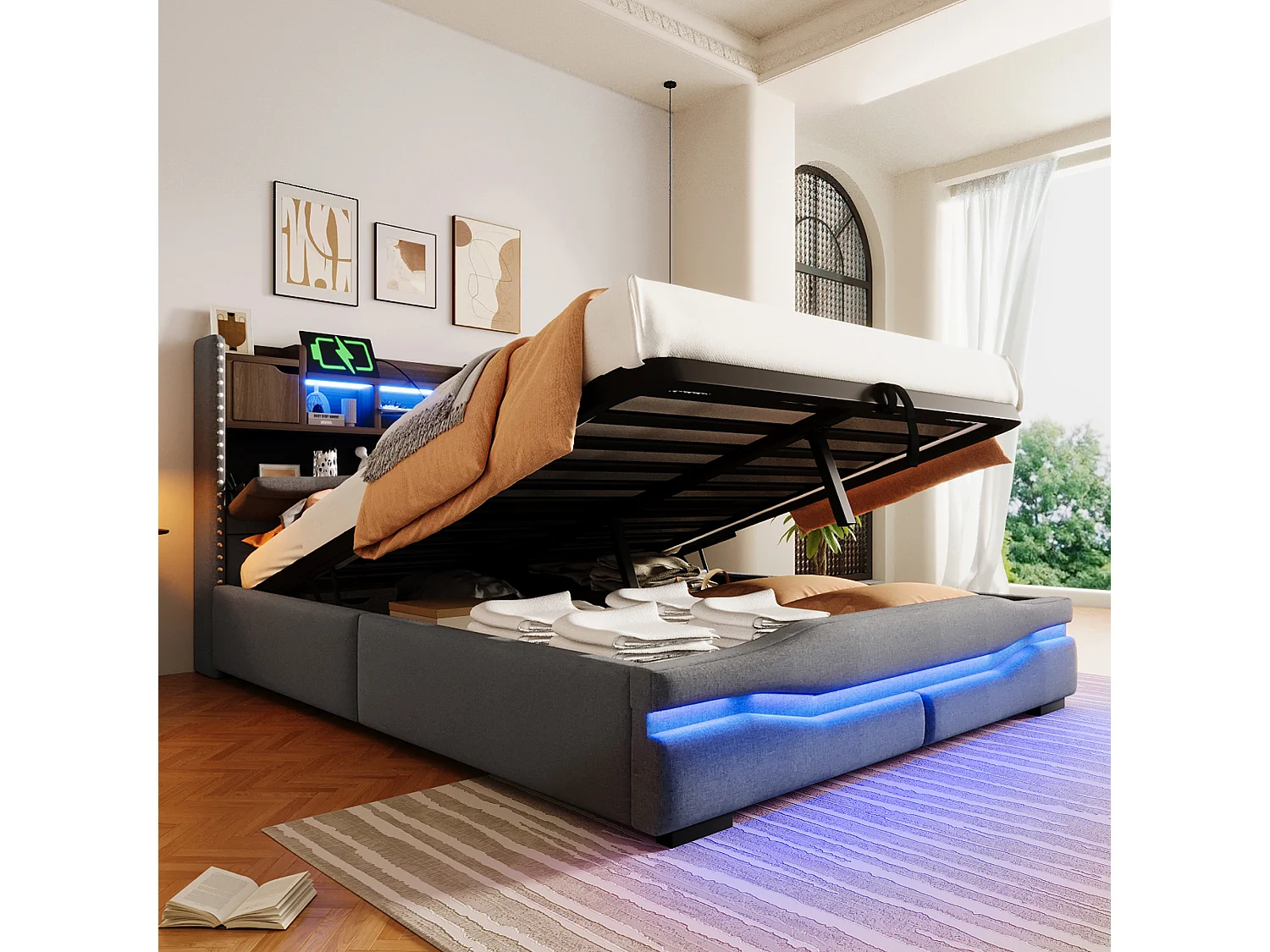 Lit coffre rembourré - 140 x 200cm - avec USB-C + Leds - tête de lit avec rangements - lin + MDF - gris