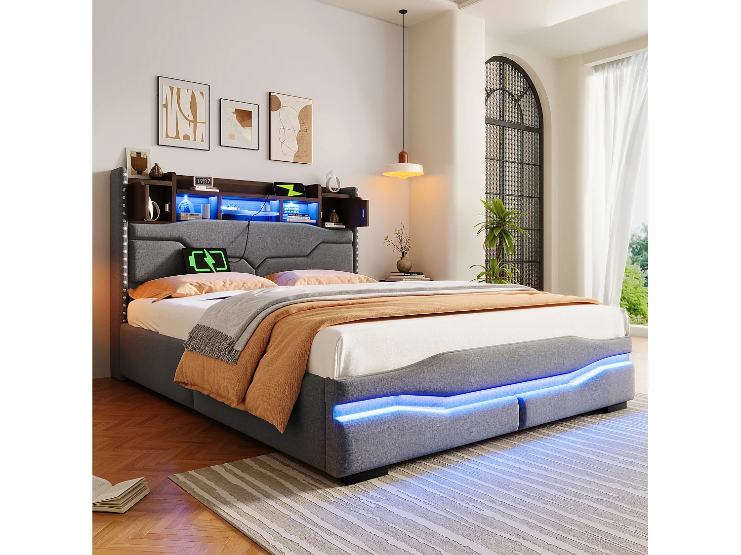 Lit coffre rembourré - 140 x 200cm - avec USB-C + Leds - tête de lit avec rangements - lin + MDF - gris