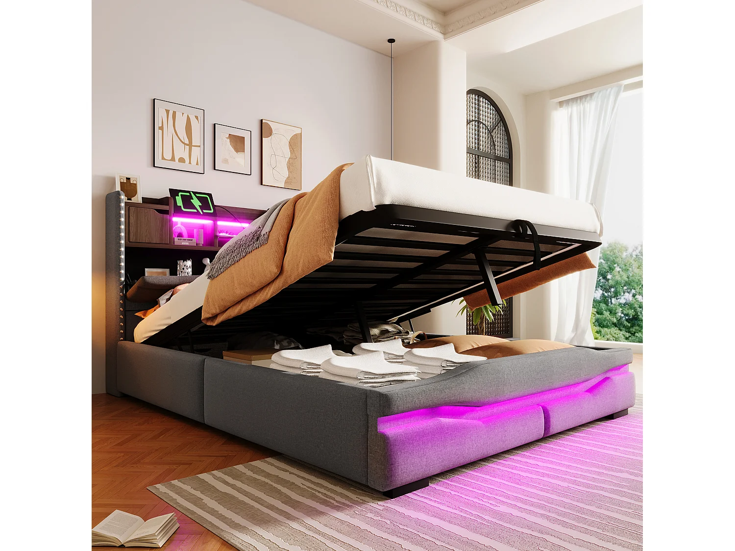 Lit coffre rembourré - 140 x 200cm - avec USB-C + Leds - tête de lit avec rangements - lin + MDF - gris