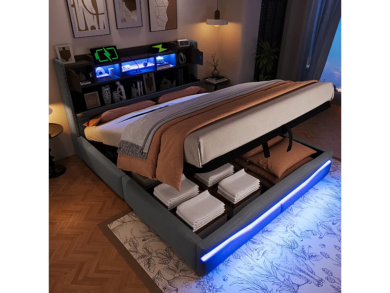 Lit coffre rembourré - 160 x 200cm - avec USB-C + Leds - tête de lit avec rangements - lin + MDF - gris