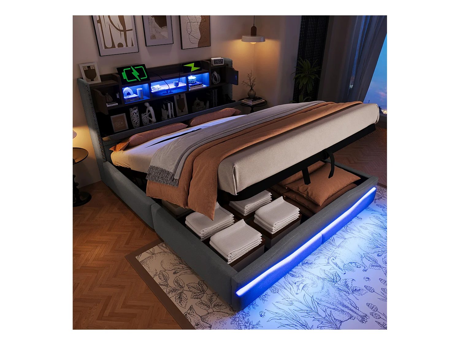Łóżko tapicerowane ze schowkiem - 160 x 200 cm - z USB-C + LED - zagłówek ze schowkiem - len + MDF - szare