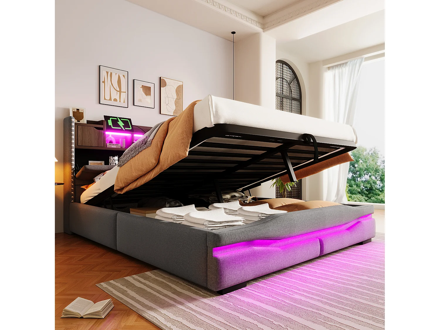 Lit coffre rembourré - 160 x 200cm - avec USB-C + Leds - tête de lit avec rangements - lin + MDF - gris