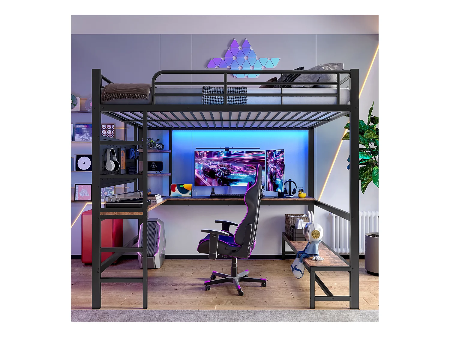 Lit mezzanine pour enfant - 140 x 200 cm - structure en fer - avec bureau + Leds + USB+Type-C - métal + MDF - noir