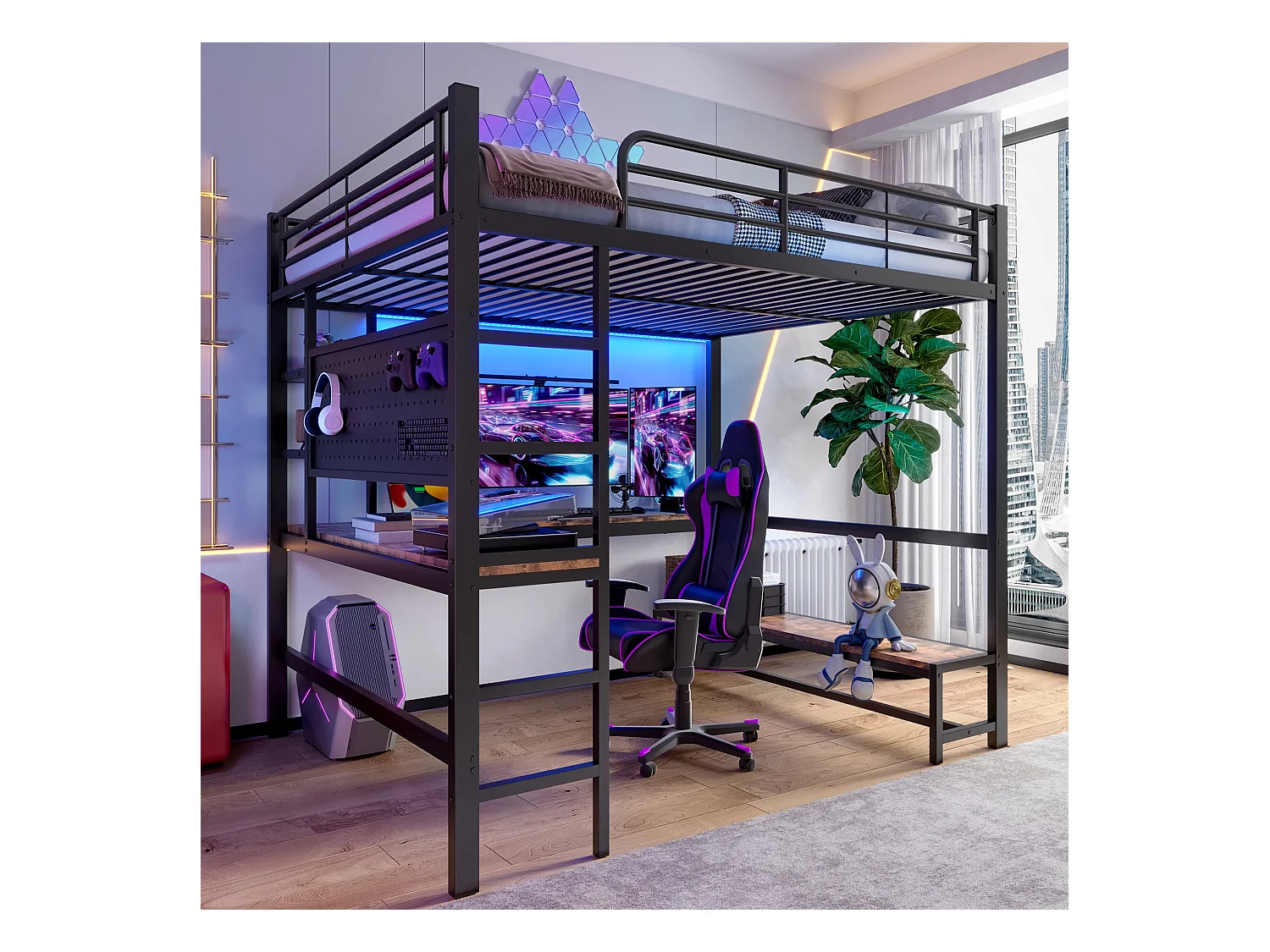 Lit mezzanine pour enfant - 140 x 200 cm - structure en fer - avec bureau + Leds + USB+Type-C - métal + MDF - noir