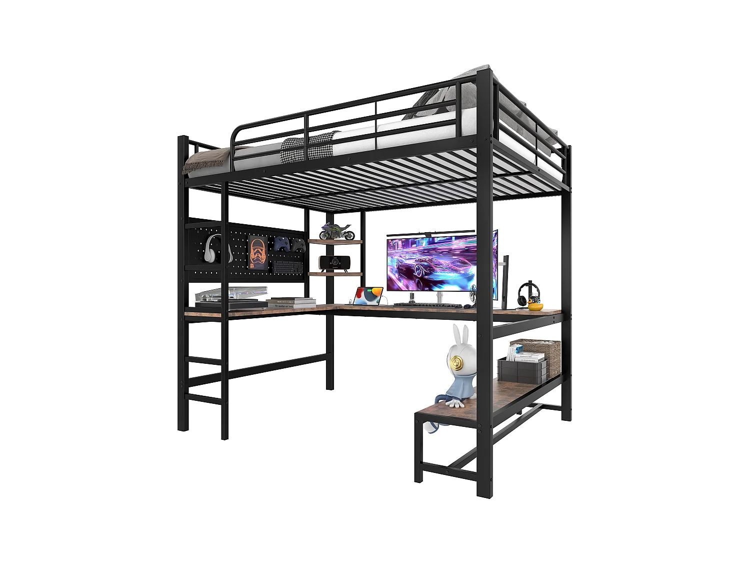 Lit mezzanine pour enfant - 140 x 200 cm - structure en fer - avec bureau + Leds + USB+Type-C - métal + MDF - noir