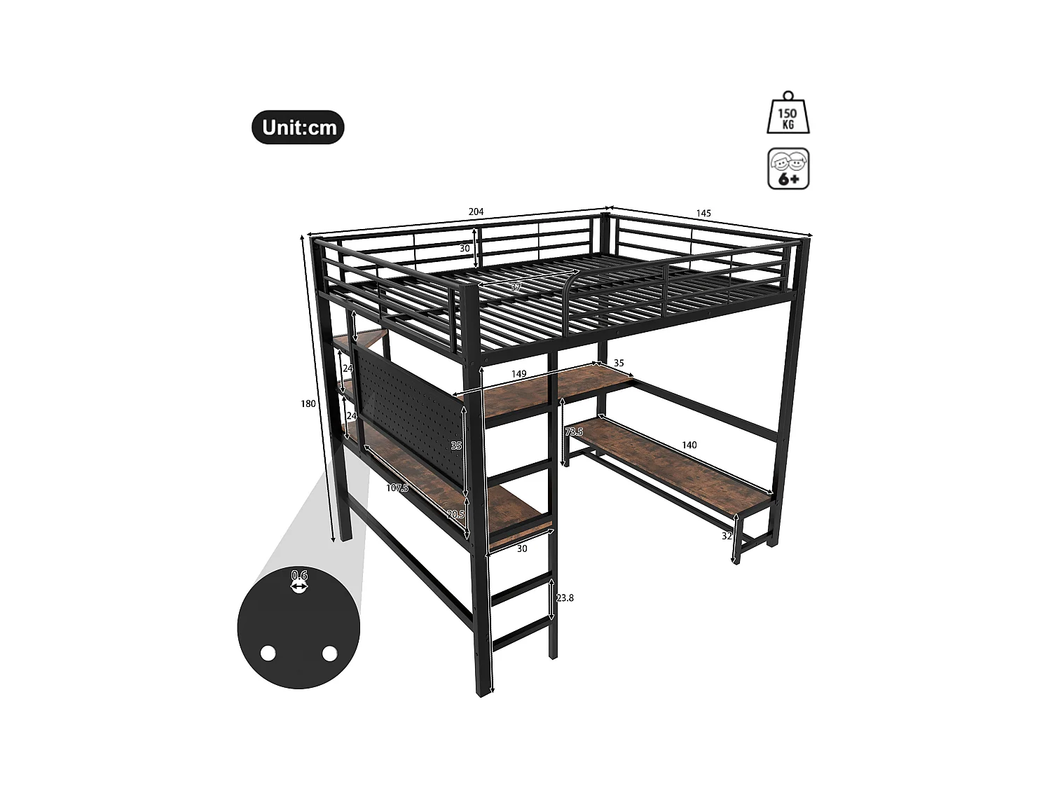 Lit mezzanine pour enfant - 140 x 200 cm - structure en fer - avec bureau + Leds + USB+Type-C - métal + MDF - noir