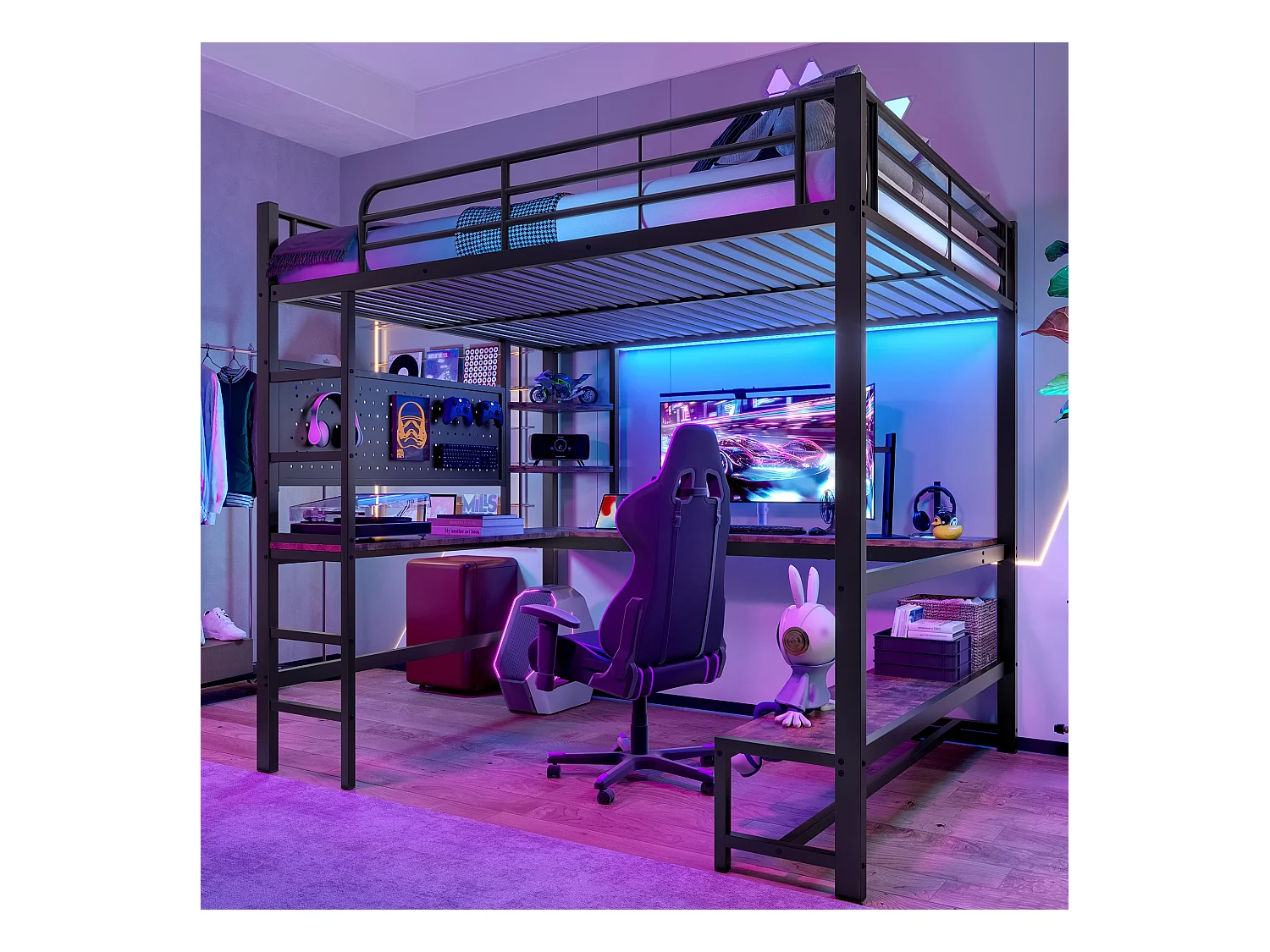 Kinderhoogslaper - 140 x 200 cm - ijzeren frame - met bureau + LED's + USB + Type-C - metaal + MDF - zwart
